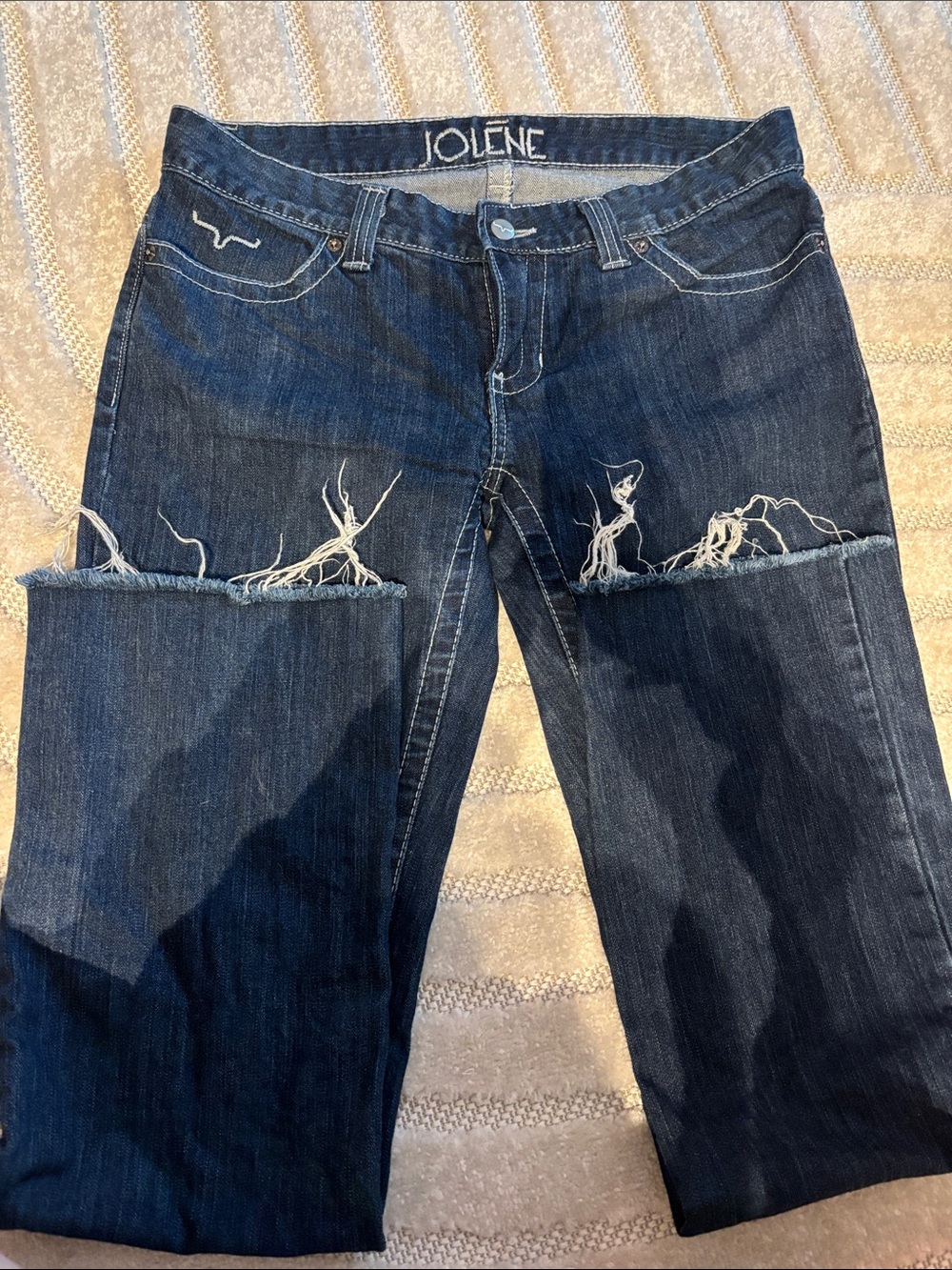 Kimes Ranch Women's Straight Leg Jeans - Dark Blue with Distressed Knees